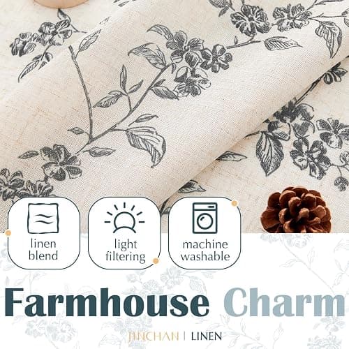 jinchan Floral Kitchen Curtains 36 Inch Linen Tier Curtains Farmhouse Cafe Half Window Drapes Over Sink Light Filtering for Living Room Laundry RV Rod Pocket 2 Panels Black on Beige thumbnail 6
