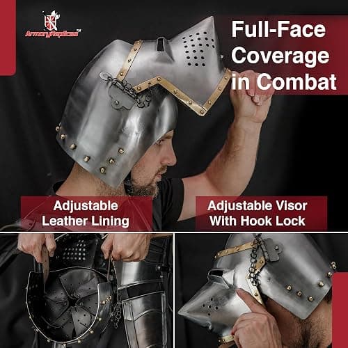 Armory Replicas™ 16G Sugar Loaf Full Face Medieval Helmet – Reinforced Steel, Leather Liner & Brass Buckle thumbnail 6