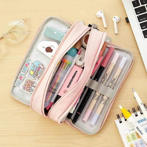 CICIMELON Large Capacity Pencil Case 3 Compartment Pouch Pen Bag for School Teen Girl Boy Men Women (Pink) thumbnail 7