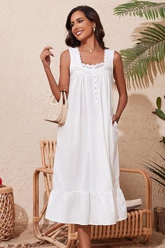 AVIIER 100% Cotton Nightgowns for Women Sleeveless Sleep Dress Ladies Gowns Sleepwear with Pockets thumbnail 4
