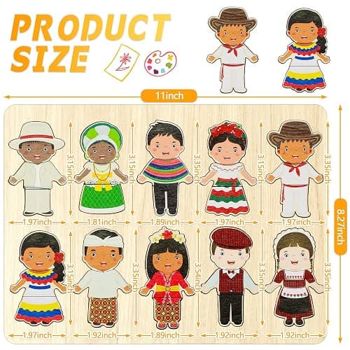Kathfly Wooden Multicultural Doll Puzzles for Kids Interchangeable Dress Up Diversity Wood Peg Puzzles for Preschool World thumbnail 3