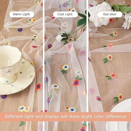 Lvory Embroidery Daisy Table Runner 10ft 120 Inch Fall Florals Gauze Tulle Cheesecloth Holiday Kitchen Dining Table Decoration for Home Wedding Party Baby Shower Birthday Decorations thumbnail 6