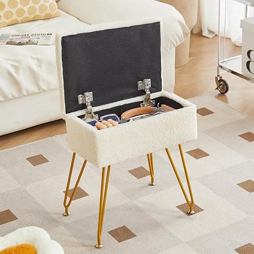 Alessing Vanity Stool Chair Ottoman with Storage, Sherpa Vanity Chair for Makeup Room, Rectangle Vanity Stools with Metal Legs, Soft Makeup Stool Footrest Footstools for Bedroom Living Room, White - Image 1