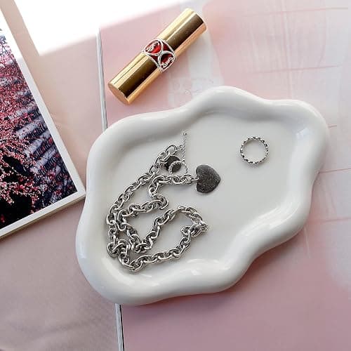 MDFAYE Jewelry Dish Trinket Tray for Women, Ring Dish Holder, Unique Cloud Shape Ceramic Plate Cute Things Vanity Aesthetic Room Decor Mother's Day Birthday (White) thumbnail 5