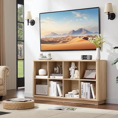 Joaxswe 8 Cube Storage Book Shelf, 52" Long Horizontal Bookshelf with Curved Edge, Floor Standing Wooden Cubby Bookcase with Base, Modern Low Console Book Case, TV Stand for Living Room, Natural Oak thumbnail 7