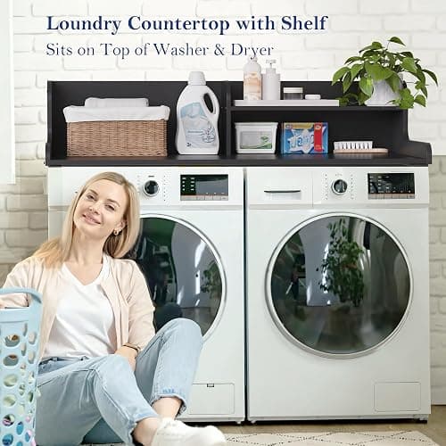 DTK Washer Dryer Wood Countertop with Shelf, Laundry Topper with Non-Slip Mat,27.55" Depth x 54" Width Dryer Covers for The Top with Edge Rails, Black thumbnail 5