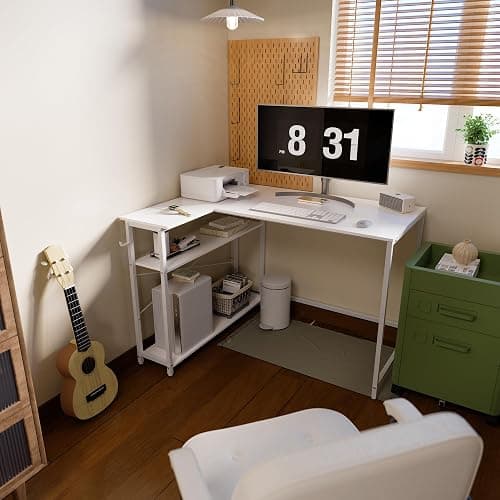 Pamray 43 Inch L Shaped Computer Desk with Reversible Side Storage Shelves, Small Corner Desk for Small Space Home Office,Writing Study Table PC Desk for Bedroom,White thumbnail 2