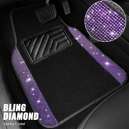 CAR PASS Bling Diamond Leather Steering Wheel Cover 14.5in-15in Floor Mats Shining Rhinestone Carpet Sparkly Glitter Crystal Anti-Slip Pad Fit Automotive SUV Pickup Truck Girl Women, 5pcs Black Purple thumbnail 2