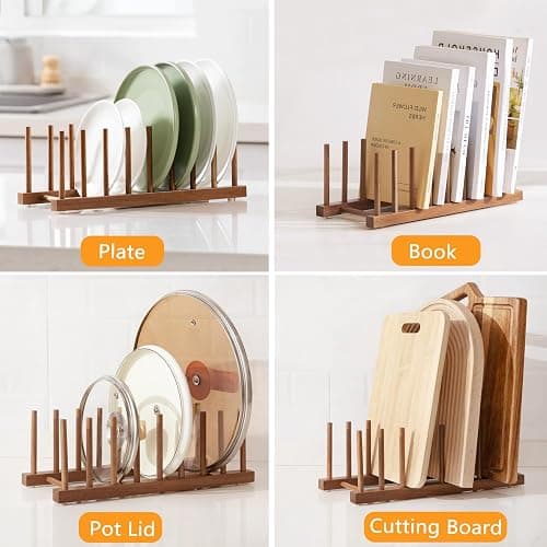 HBlife 2pcs Acacia Wooden Dish Dying Rack Pot Lid Plate Organizer Holder for Cabinet, Cutting Board Stand Drainer Storage Plate Rack for Dish, Pot Lid, Bowl, Cup, Cutting Board and Books thumbnail 5