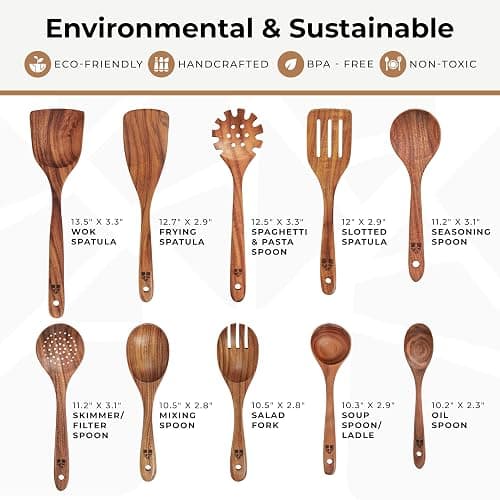 Wooden Spoons for Cooking – 10 Pc Teak Wood Utensil Set, Durable, Nonstick Safe & Heat Resistant with Ergonomic Handles thumbnail 3