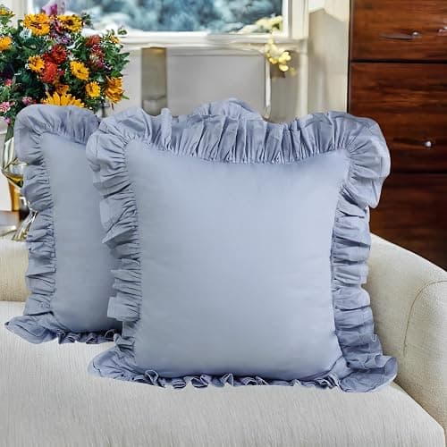 Lemfux Couch Pillow Covers Blue Ruffle Euro Pillow Shams,Set of 2, 24x24 Inch Cotton Decorative Pillowcases Shabby Chic Pillow Cases Pillow Cover Standard Size Coquette Pillow Covers - Haze Blue - 24" x 24" (Pack of 2) thumbnail 2