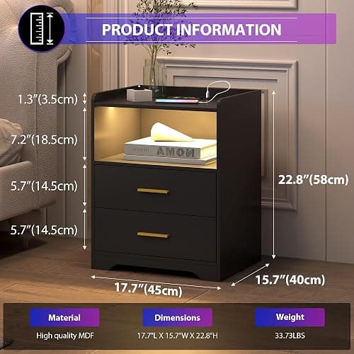 dnbss Black LED Nightstand with Charging Station, Modern Night Stands with 24-Color RGB LED Lights, Smart Lighted Black Bedside Table with 2 Drawers for Bedroom thumbnail 2