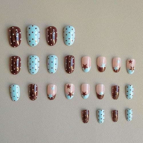 IMSOHOT Press on Nails Short Oval Fake Nails Brown Blue False Nails with Polka Dot Designs Cute Glossy Acrylic Round Full Cover Stick on Nails for Women Girls Manicure thumbnail 3