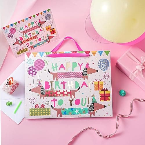 WRAPAHOLIC 13" Large Dog Birthday Gift Bag with Card and Tissue Paper - Gold Foil Dachshund Dogs Happy Birthday Bag for Girl Boy Kids, Baby Shower thumbnail 5