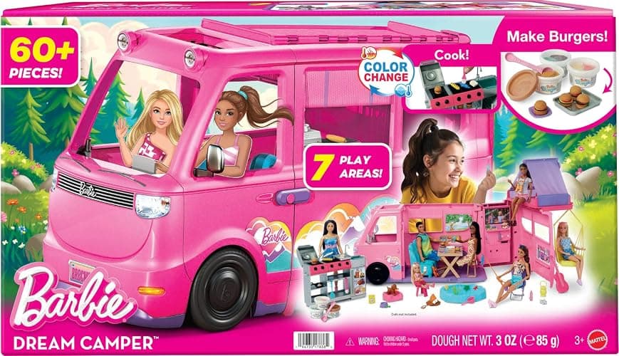 Barbie Dream Camper New for 2025 Playset with Roof Tent, Swing Chair, Fishing Pond, BBQ Grill with Color-Change Feature & 60+ Accessories Including Dough thumbnail 7