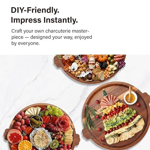 Charcuterie Board | Acacia Wood Serving Tray with Handles 13'' | Round Decorative Ottoman Coffee Table Tray | Medium Wooden Cheese Board Serving Platter for Party Supplies thumbnail 5