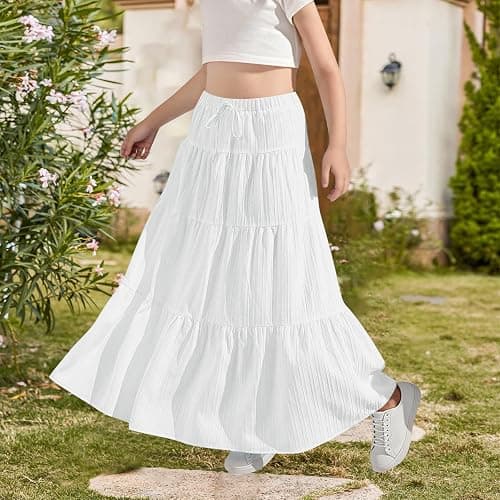 Girls Maxi Skirt Boho Casual Tiered High Waist A Line Flowy Long Skirt Kids Summer Swing Ankle Length Drawstring Skirts thumbnail 8