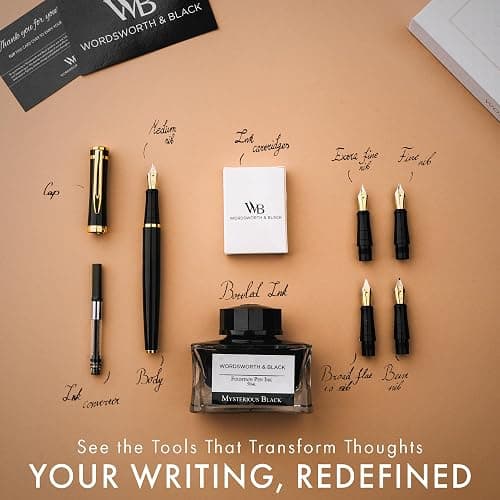 Wordsworth & Black Fountain Pen Gift Set, Includes Bottle, 6 Cartridges, Refill Converter, 4 Replacement Nibs, Premium Package, Journaling, Calligraphy, Smooth Writing Pens [Black Gold] thumbnail 4