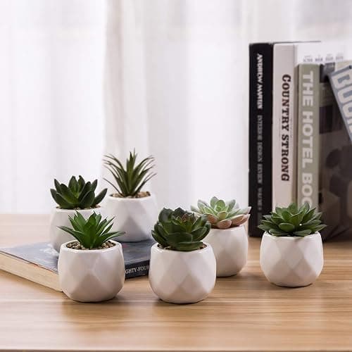 MyGift Mini Assorted Green Faux Succulent, Indoor Fake Plants in Geometric Ceramic Pots, Set of 6 thumbnail 2