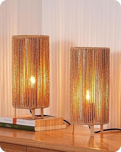 EDISHINE Boho Bedside Lamps Set of 2, Rattan Table Lamp for Living Room, Bedroom, LED Bulb Included, E27 Base, Vertical Stripes Lampshade - Image 1