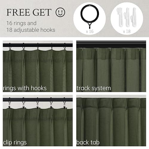 Pleated Linen Curtains 105 Inches Long for Living Room 2 Panel Set Olive Green Semi Sheer Light Filtering Pinch Pleat with Hooks Back Tab Drapes Neutral Boho 105 Inch Curtain for Bedroom Window thumbnail 4
