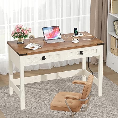 YOMILUVE Farmhouse Computer Desk with 2 Drawers, 39 Inch Small Office Computer Desk with Power Outlets, Compact Writing Study Desk for Small Spaces, Antique White thumbnail 7