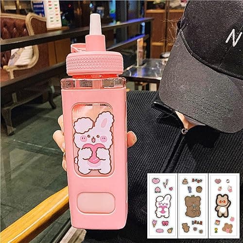 PEXIZUAN Kawaii Bear Water Bottle With Straw Sport Plastic Portable Square Drinking Bottle For Girl Cute Juice Tea Water Cups 700ml(Pink,700ml) thumbnail 3