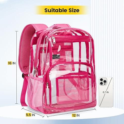 Vorspack Clear Backpack Heavy Duty - Large Transparent Bookbag for Adults, See Through Backpack for College, Work, Travel - Pink thumbnail 2