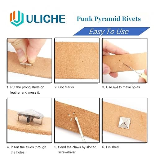 Uliche 820 Pcs Square Pyramid&Star Four-jaw Studs for Clothing,Punk Rivet Kit,Spikes and Studs for Leathercraft Accessories,DIY Craft Decoration for Punk Style Clothes Belts Bags Shoes Dog Collar thumbnail 3