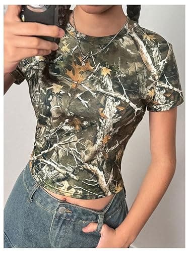 SOLY HUX Girl's Camo T Shirt Crew Neck Short Sleeve Tee Y2k Vintage Leaf Print Going Out Crop Tops thumbnail 4