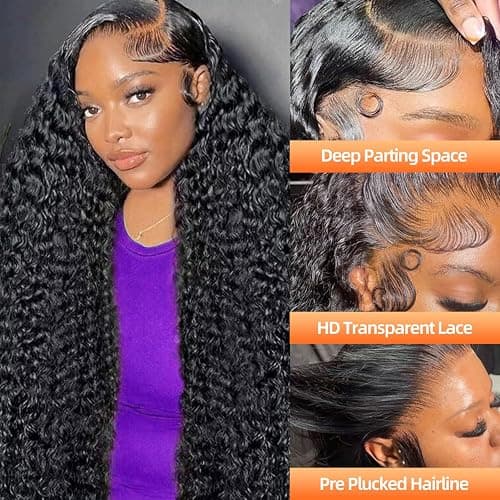 COLORSUPIDOL 32 Inch Deep Wave Lace Front Wigs Human Hair Natural Density 13x4 HD Transparent Lace Frontal Wigs Human Hair Pre Plucked Deep Curly Glueless Wigs for Black Women Natural Color thumbnail 2