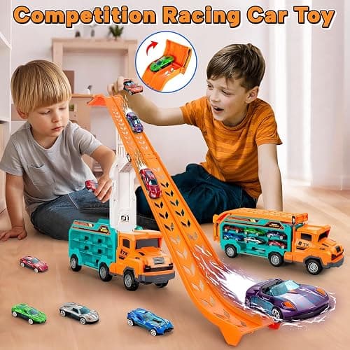 BainGesk Carrier Truck Toys for 2 3 4 5 6 Years Old Boys, 2.8 Ft Race Track Transport Cars with 6 Die-Cast Metal Toy Cars, Birthday Gifts Kids Age 3-5, Racing Toys Gifts for Toddlers thumbnail 7