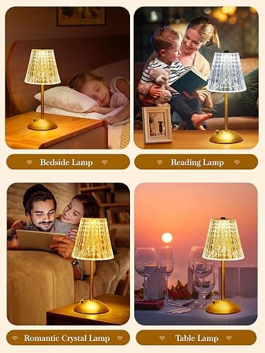 Valentines Gifts, Cordless Lamp, Crystal+Dimmable+3 Colors Rechargeable Lamp, Touch+2000mAh Battery Operated Vintage Ambient Light for Kitchen/Bedroom/Bathroom Shower, College Gifts for Teenage Girls thumbnail 6