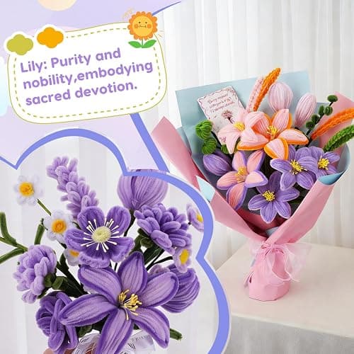 900 PCS Pipe Cleaners Craft, Pipe Cleaner Bulk Flower Kit 14 Colors Chenille Stems Flower Making Kit with Greeting Card, Floral Wires, Tape, Stamen, Floral Wrapping Paper & Ribbon for Art DIY Flowers thumbnail 7