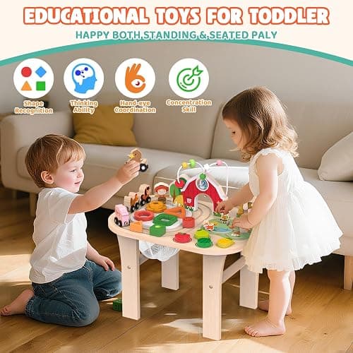 Weilim Montessori Activity Table for 1 Year Old, Wooden Farm Toddler Toy | Busy Activity Center with Bead Maze, Shape Sorter, Train Track & Spinning Gears—Sensory Play That Grows Fine Motor Skills thumbnail 4