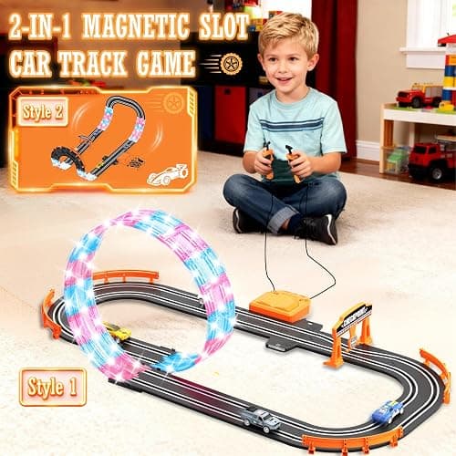9.86ft 2-in-1 Slot Car Track Sets Toy - with 4 Cars,Battery or Electric Car Track Set with Dual Racing Game, Flash Circular Track, Lap Counter,Birthday Xmas Gifts Toys for Boys(S2) thumbnail 2