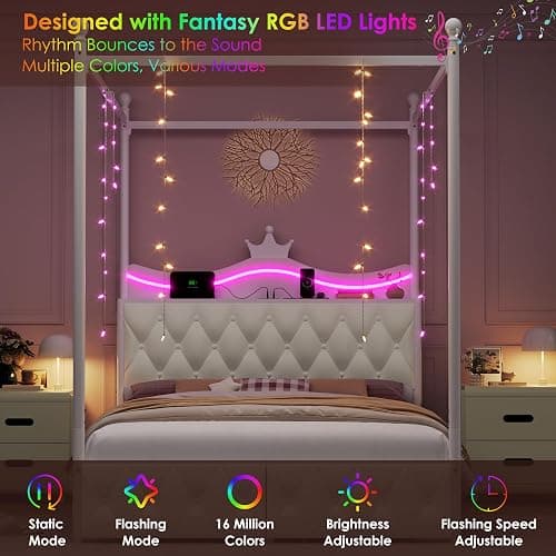 Keyluv Queen Size Upholstered LED Canopy Bed Frame with Charging Station and Drawer, Button Tufted Crown Headboard with Storage Shelf, Two-Purpose Removable Four Poster Design Platform Bed, Beige thumbnail 3