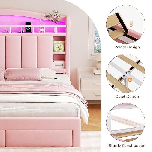 Full LED Bed Frame with Storage Headboard & 2 Storage Drawers, Princess Velvet Upholstered Bed with Vertical Tufted Headboard Design for Girls, USB & Type-C Charging Ports, Wooden Slats Support, Pink thumbnail 9