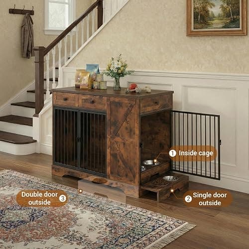 Large Dog Crate Furniture with Storage, Indoor Dog Kennel with 3 Drawers & 2 Feeding Bowls, Furniture Style Wooden Dog Crates for Large/Medium Dogs thumbnail 6