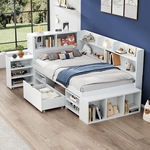 Merax Stylish Single Bed, 3FT Bed Frame with Drawers, Bookcase and Storage Cupboard, Multifunctional Wooden Single Bed Frame with Storage, Children's Bed, Slatted Frame, White, 90x190cm thumbnail 6