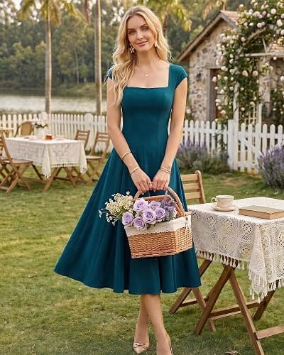 OXP Women's 2026 Summer Elegant Square Neck Cap Sleeve Midi Cocktail Semi Formal Dress for Wedding Guest Evening Party thumbnail 4