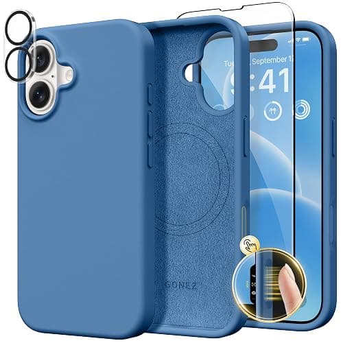GONEZ Magnetic for iPhone 16 Case, Compatible with MagSafe, [Screen Protector + Camera Lens Protector], Liquid Silicone Shockproof Protective Phone Case for iPhone 16 6.1", Lake Blue - Image 1