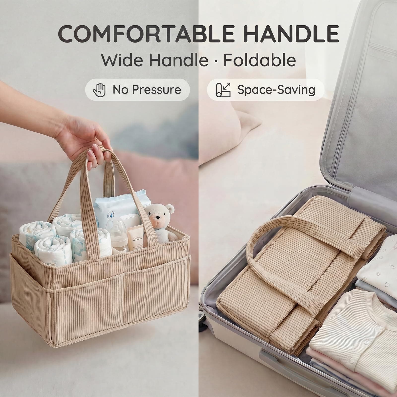 Baby Nappy Caddy Organiser Stylish Corduroy Nursery Storage Basket with Handle for Newborn Essentials, Baby Shower and Diaper Station Sand (Light brown, 1Pc) thumbnail 4