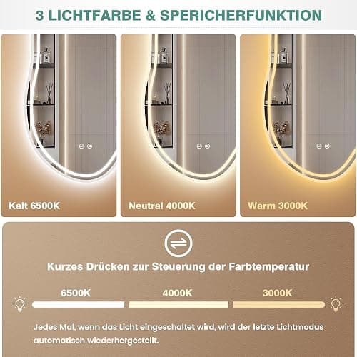 PESENXAN Badspiegel mit Beleuchtung 80x53cm, Asymmetrischer Spiegel mit Beleuchtung 3 Lichtfarben Dimmbar, Touchschalter, LED Spiegel Bad IP44 Energiesparend Für Badezimmer thumbnail 3