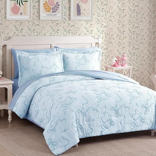 Full Size Comforter Sets for Girls - 7 Pieces Bow Bedding Set Bed in a Bag | Jacquard Cottage Core Bedding Sets, All Season Bed Set with Comforter, Sheets, Pillowcases & Shams, Light Blue thumbnail 3