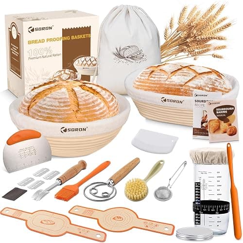 SORON Sourdough Starter Kit, Banneton Bread Proofing Basket with Glass Sour Dough Starter Jar, Sourdough Bread Baking Supplies Tools, 9" Round & 10" Oval Banneton Baskets, Gift Set for Homemade Making - Image 1