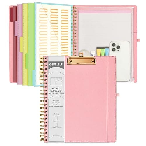Ospelelf Pink Foldable Spiral Clipboard Folio with Storage Zipper Pouch, 5 Plastic Folders with 10 Pockets,Refillable Lined Notepad (11" x 8.5"), Hardcover Project Organizer with 39 Stickers - Image 1