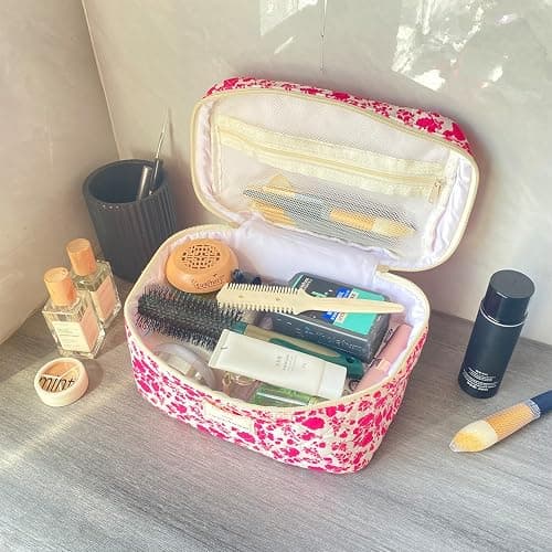 WYJ Rose Red Large Quilted Floral Makeup Bag Cute Soft Coquette Aesthetic Cosmetic Bag Cotton Travel Toiletry Bag for Women thumbnail 2