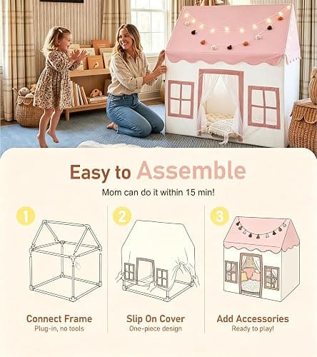 Large Kids Tent with mat, Star Lights, Tissue Garland, Play Tent Indoor & Outdoor, Kids Play Tent for Girl & Boy Aged 3+, Kids Tent for Toddler, 52" x35" x 52" Play House with Windows, Washable, Pink thumbnail 8