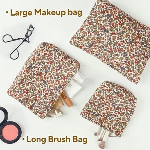 3Pcs Floral Makeup Bags, Cosmetic Bags for Women, Large Capacity Corduroy Makeup bag Set and Portable Mini Makeup Bag,Aesthetic Women Handbags Purses, Travel Essentials Aesthetic Stuff (Floral 01) thumbnail 7